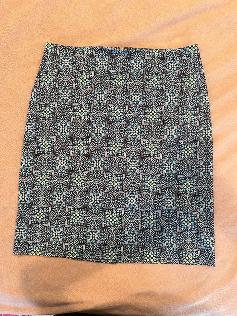 Talbots Blue Pencil Skirt with Teal and Yellow Mosaic Print